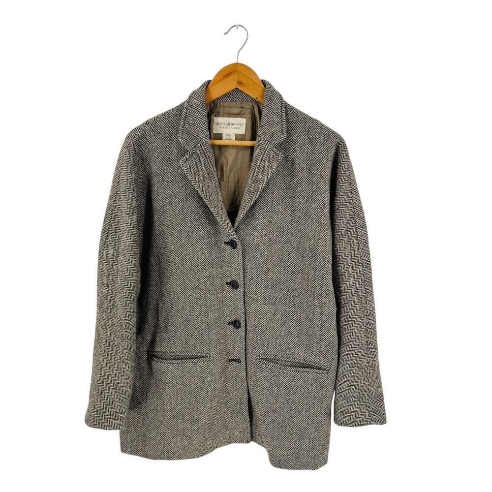 Ralph Lauren Denim & Supply Herringbone Wool Blazer Black White Classic Size M